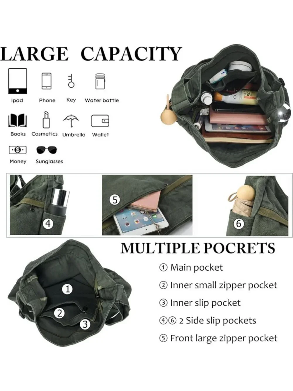 Large Canvas Hobo Crossbody Tote Bag | Multi-Pocket Casual Messenger Handbag